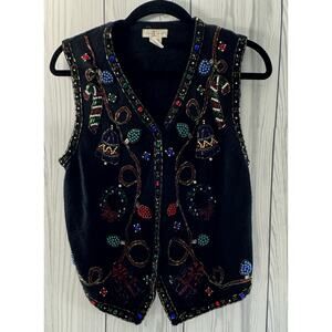 Vintage Yarnworks Sweater Vest Embroidered Beaded Holiday Medium